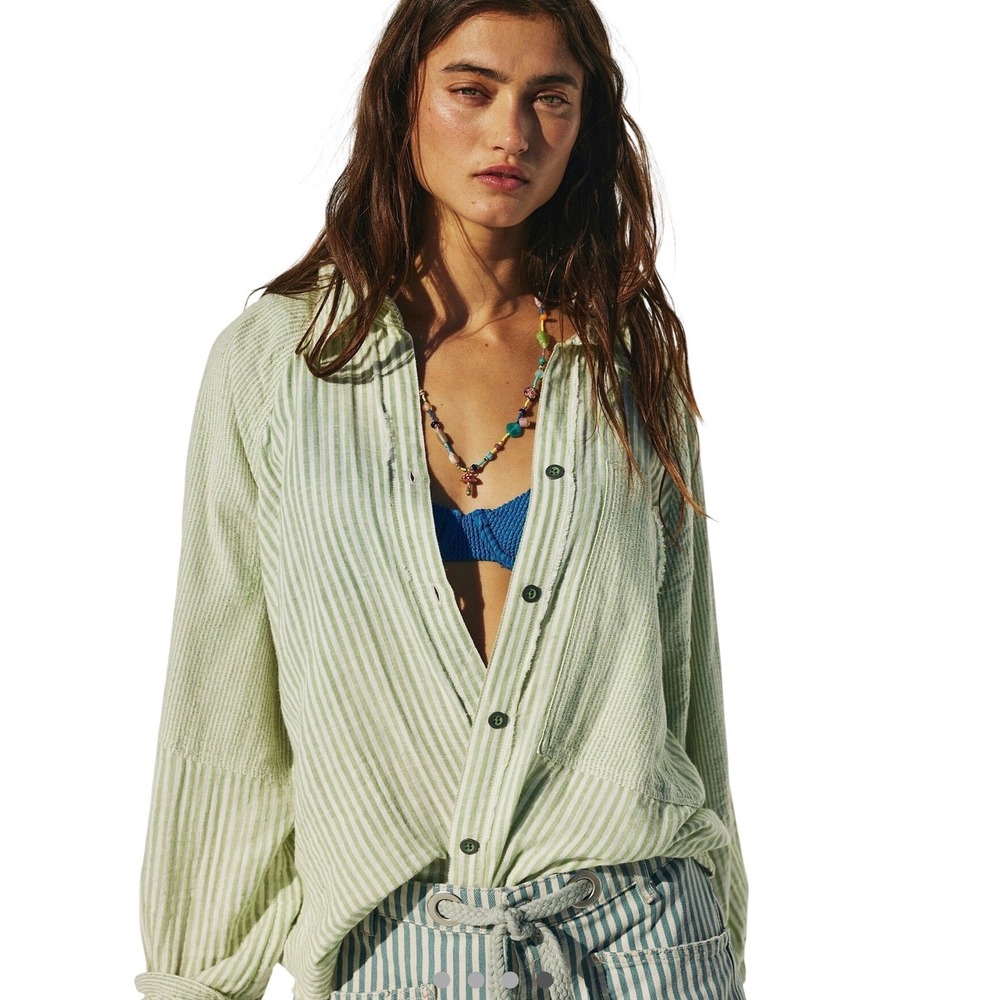 Free People RARE Indigo Skies Green Stripe Button down Shirt Classic